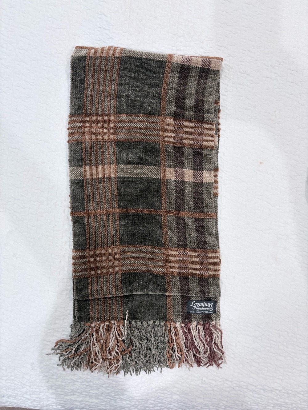 Vintage Loominus Handwovens Rayon Chenille Plaid Scarf Made in USA